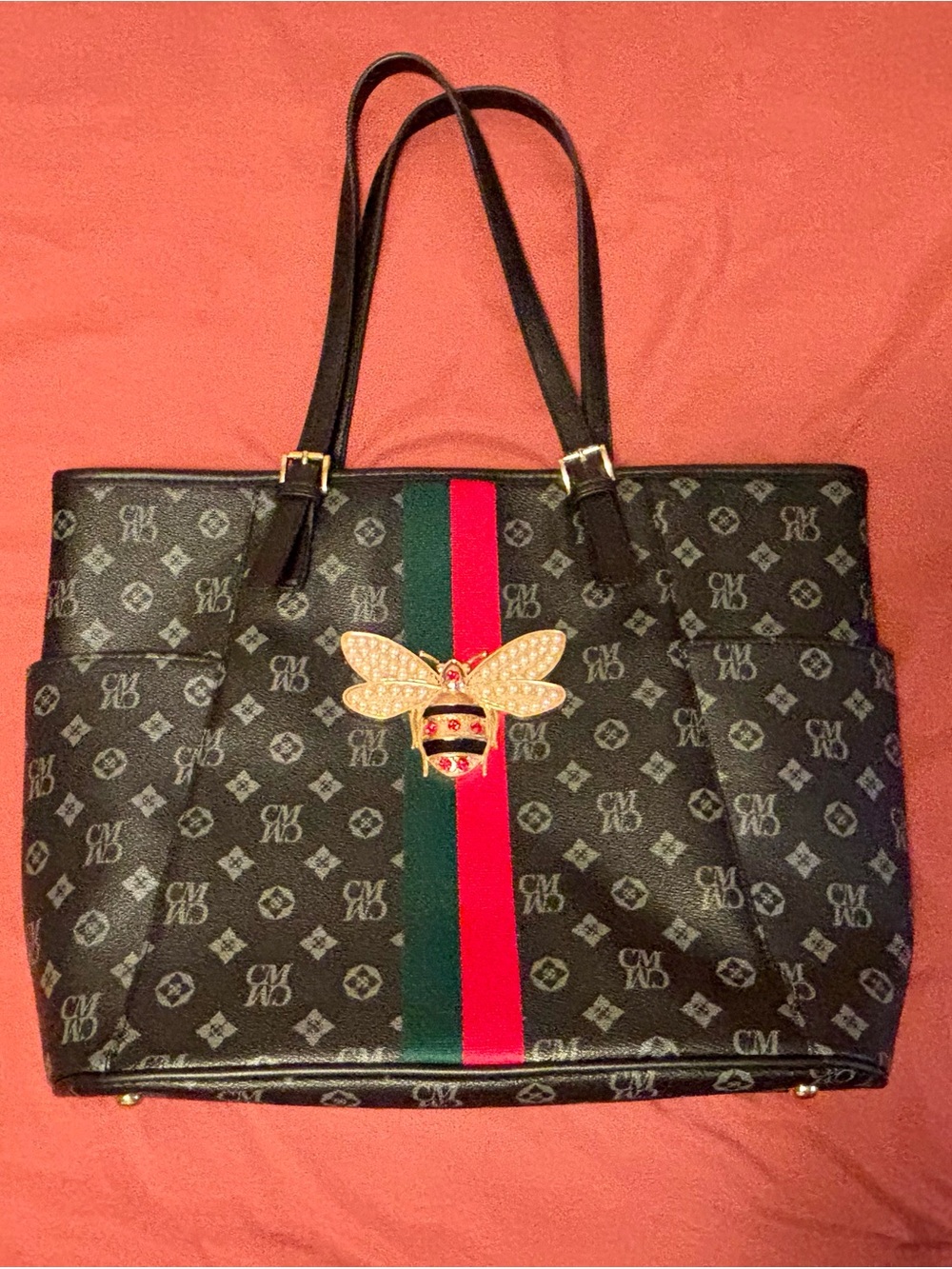 Charis Ma Black Shoulder Tote with Red & Green Stripe and Bee Accent